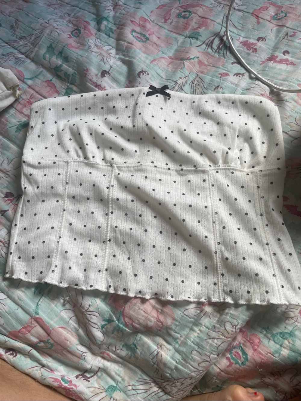 NWT Anthropologie Lyrebird Polka Dot White Tube Top with Lettuce Trim